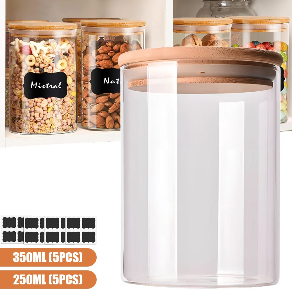 10-teiliges Glas-Aufbewahrungsset mit Luftdichtem Bambusdeckel für Tee, Kaffee, Gewürze, Süßigkeiten, Kekse, Versiegelte Glasbehälter, Küchenorganizer, Aufbewahrungsbehälter