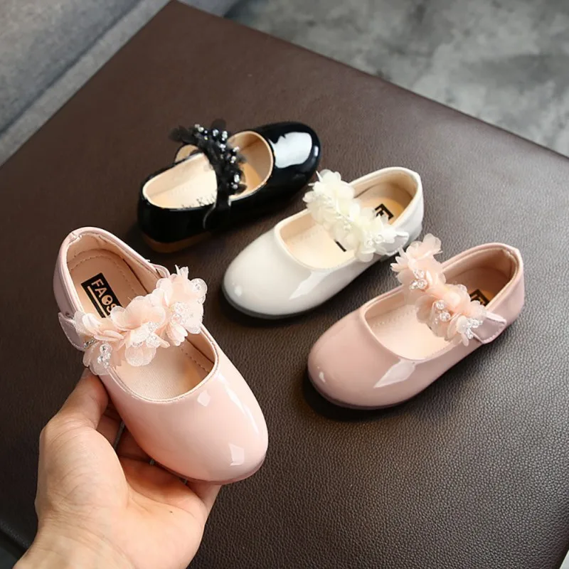 Girls Flower Princess Shoes Autumn Children Toddler Cute Flat Heel Round Toe Leather Shoes First Party Clothes Accessories