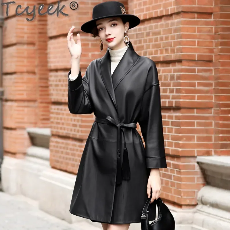 Tcyeek Genuine Leather Sheepskin Coats Mdi-length Trench Coat for Women Autumn Clothes Loose Fit Women's Leather Jacket Lace-up