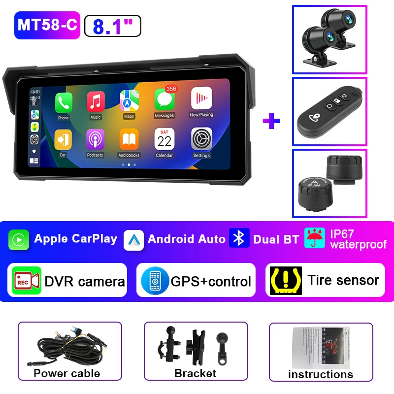 Jansite Draagbare 8.1 inch IP67 Waterdichte Motorfiets 4K DVR GPS Navigatie Draadloze Carplay Android Auto Moto Recorder Monitor