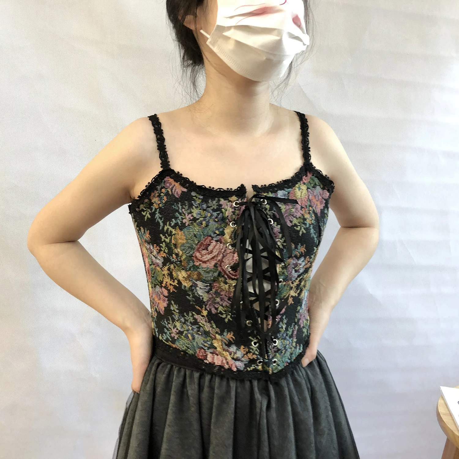 Women Sexy  Cross Bandage Bustiers Crop Top U-Neck Cross Strappy Tank Tops Vintage Flowers Print Bow Straps Corsets