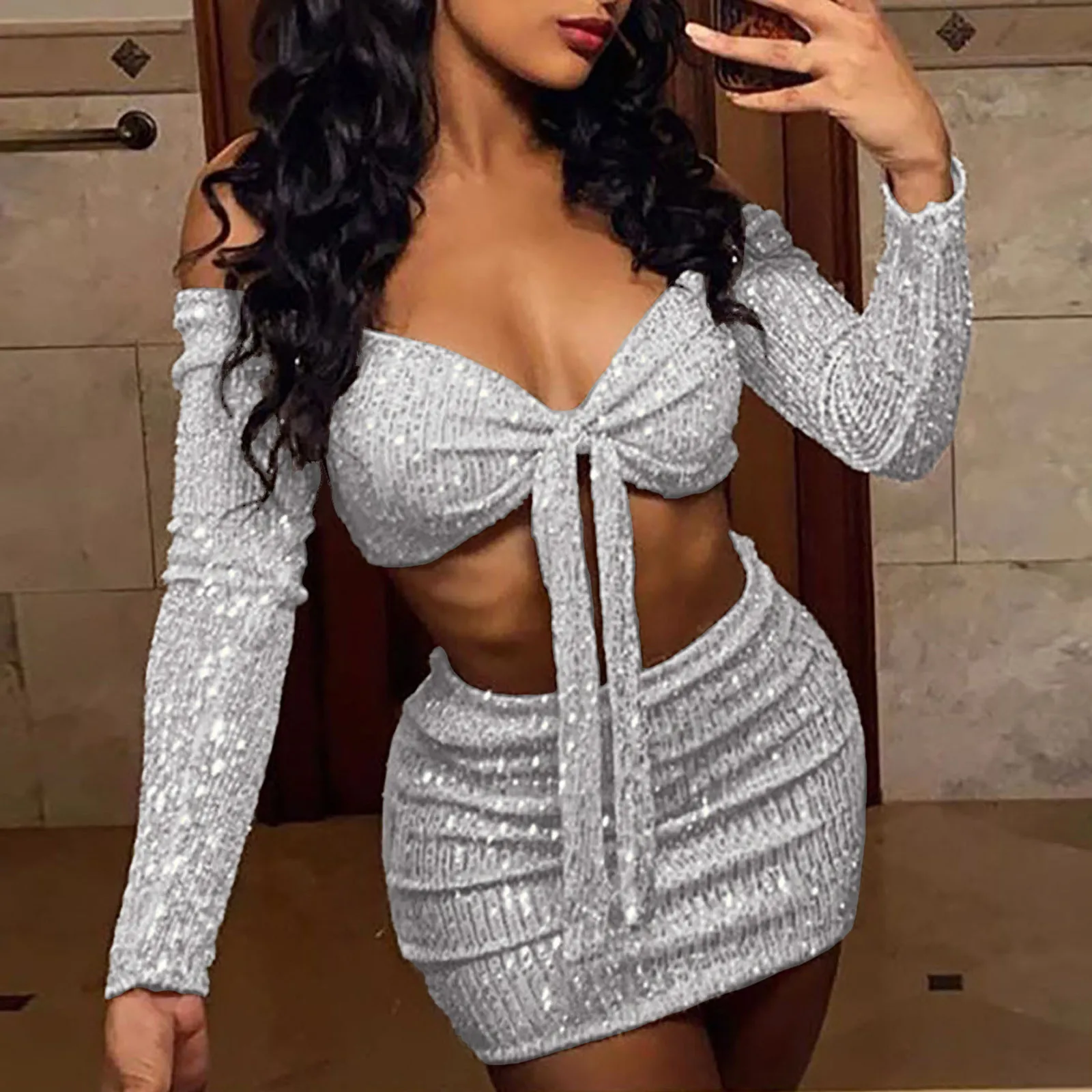 Nightclub Women'S Dress Sequin Off Shoulder Long Sleeve Slim Fit Female Elegant Formal Dresses Cocktail Party Evening Vestidos