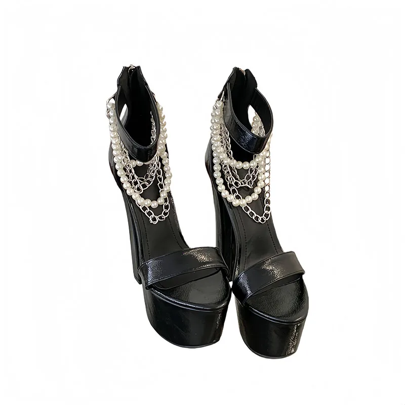 

16cm Extreme High Heels Woman Sandals Summer Pearl Chain Platform Shoes Black Heels Sexy Stripper Shoes Size 42 Ladies Sandals