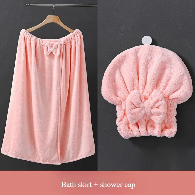 

2Pcs Women's Plus Size Wrap Bathrobe Dress Set - Coral Fleece Bridal Shower Robe with Bow Hair Towel Cap Soft Home Spa Wear