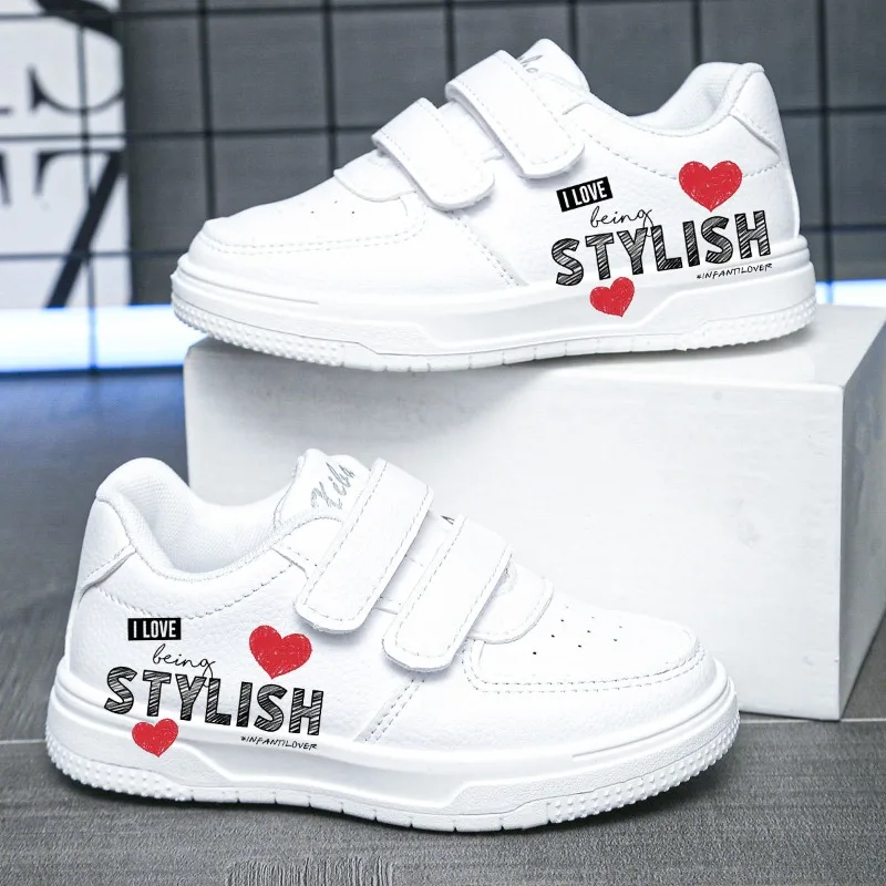 JGSHOWKITO Kids White Sneakers Red Heart Alphabet Print Hook & Loop Soft Sole Anti-Slip Children Casual Shoes for Boys Girls New