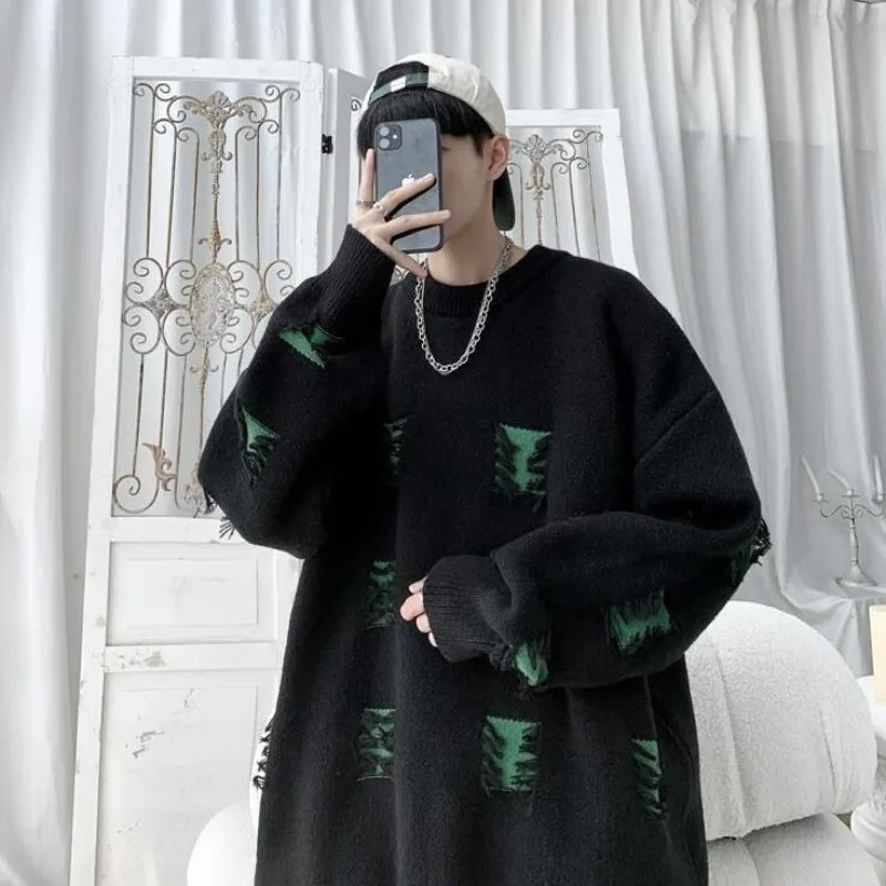 Pullover Man with Holes Aesthetic Korean Popular Clothes Top Autumnr and Winter Knitwear Y2k No Hoodie Knitted Sweaters for Men