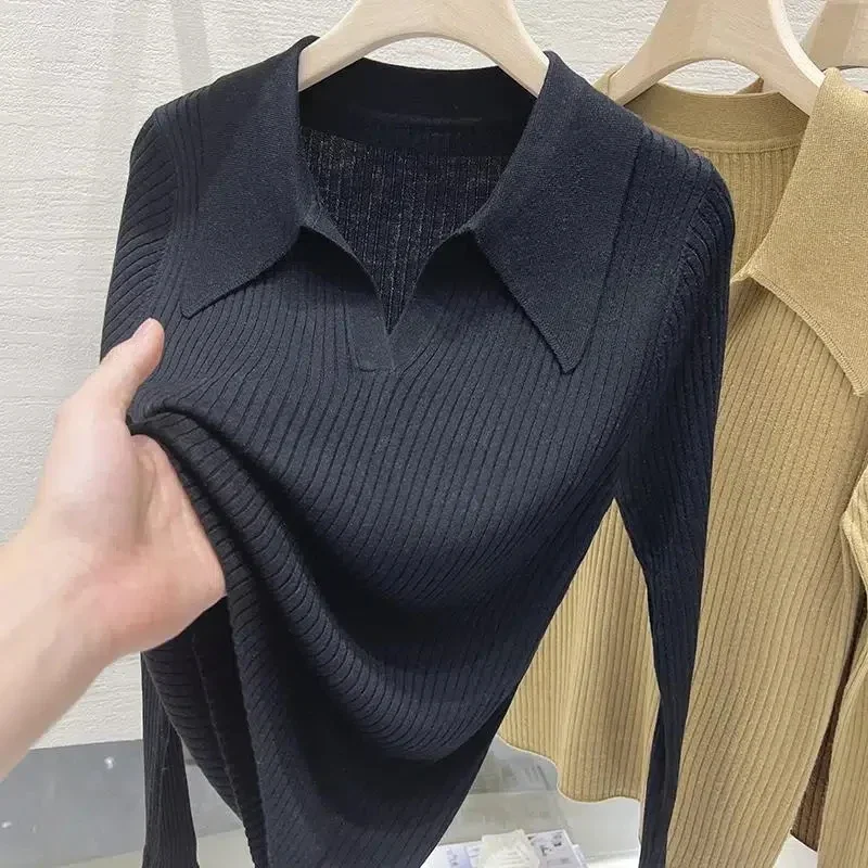 Polo Collar Slim Long Sleeve Knitted Tops Women Spring Autumn Pullover Sweater Women Solid Color Basic Loose Women Sweater N501