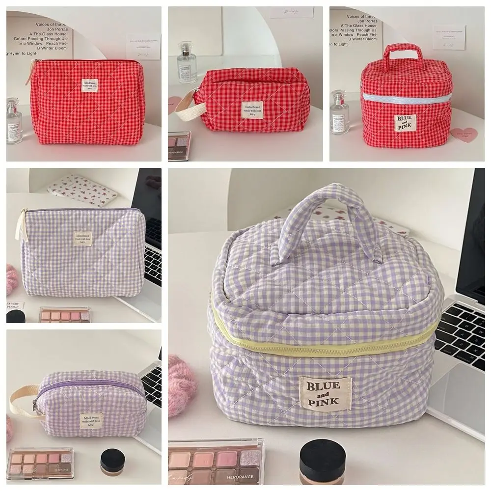 Raspberry Lattice Canvas Cosmetic Bags Cute Simple Portable Large Capacity Makeup Pouch Travel Organizer Storage Handbag