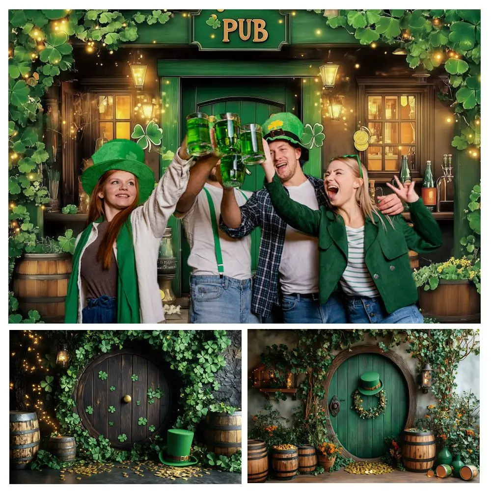 

St. Patrick's Day Backdrop Banner Green Clover Pub Wine Barrel Beer Wood Door Festival Party Decor Photography Background