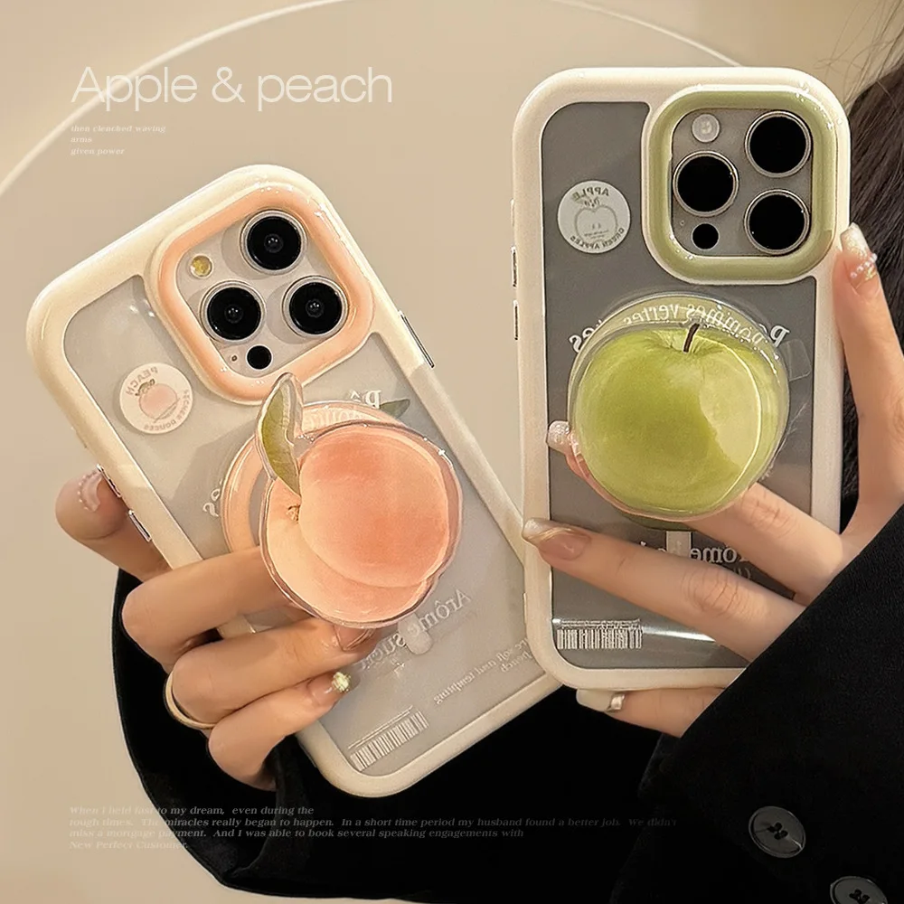 Koreanische Cartoon-grüne Apfel-Pfirsich-Handyhülle mit magnetischer Halterung für iPhone 17, Air 16, 15, 13, 14, 12, 11, Pro Max, klare, stoßfeste Abdeckung