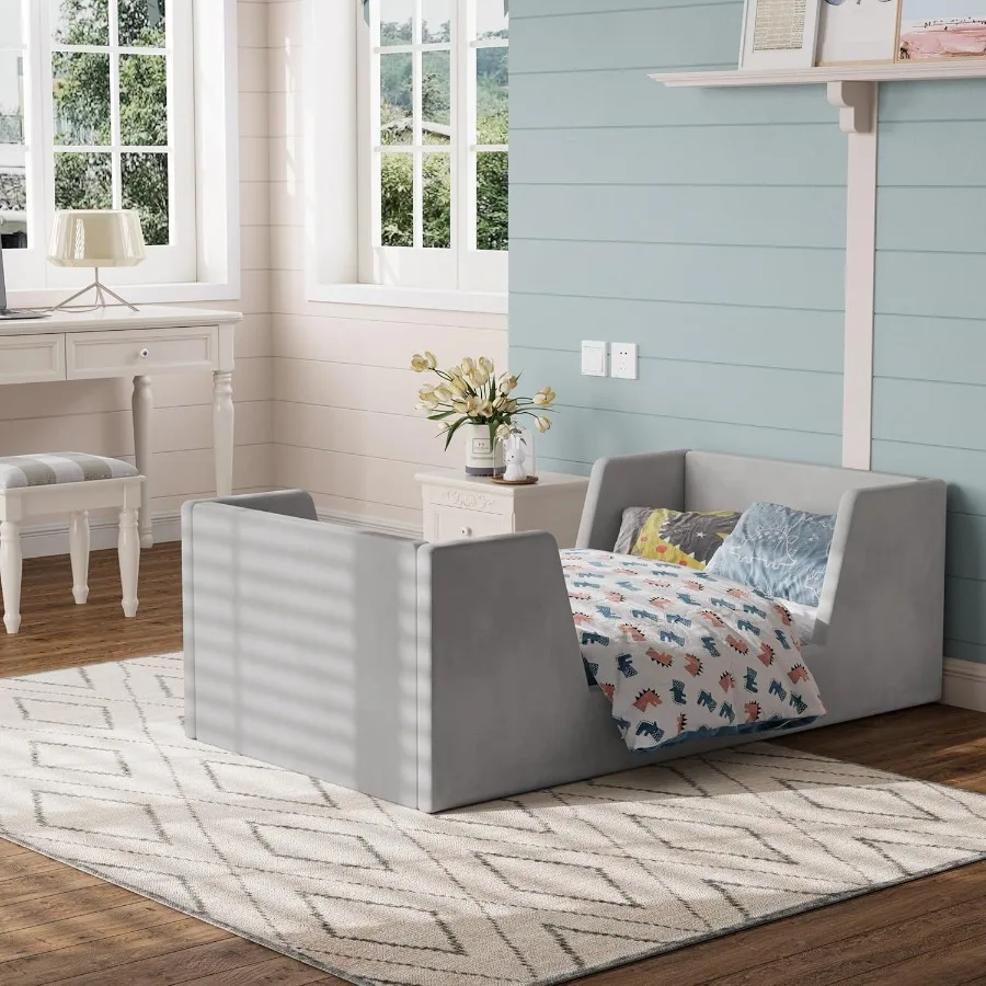 Toddler Bed Frame with Guard Rails for Ages 2-6 Certified Fabric Floor Bed in Soft Gray Safe and Space-Saving Design