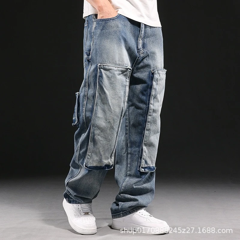 American Vintage New Fashion Men's Casual Trendy Solid Color Multi Pockets Simple Basic Loose Wide Leg Denim Trousers Male Jeans