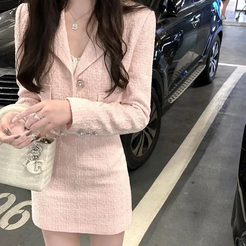 

Celebrity Sweet Coarse Tweed Coat Hip Wrap Skirt Two-piece Set Women Single Breasted Lapel Gentle Solid Slim Spring Chic Suit