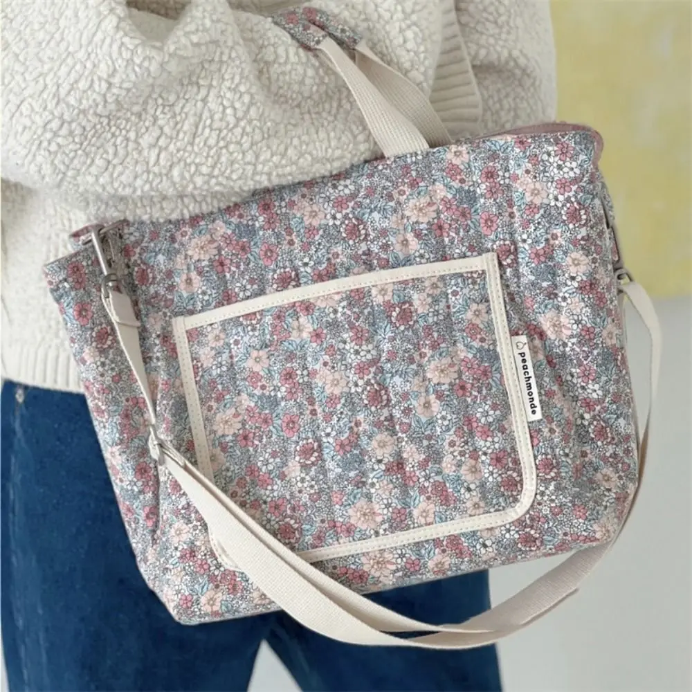 Portable Floral Printing Mummy Baby Bag Multifunctional Cotton Crossbody Bag Large Capacity Handbag Storage Bag Mother