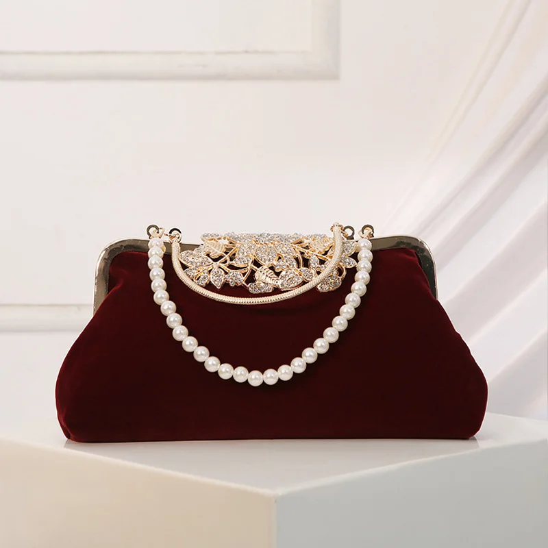 Vintage Wine Red Velvet Handbag Women Velour Evening Bag Retro Style Bridal Wedding Party Clutches Ladies Diamond Purse XA829H