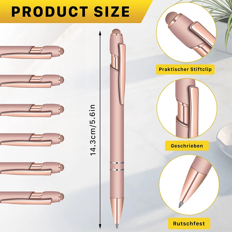 12Pcs Rose Gold Metal Pens Multifunction Ball Stylus Soft Touch Screen Pen 2 In 1 Metal Ballpoint Pens