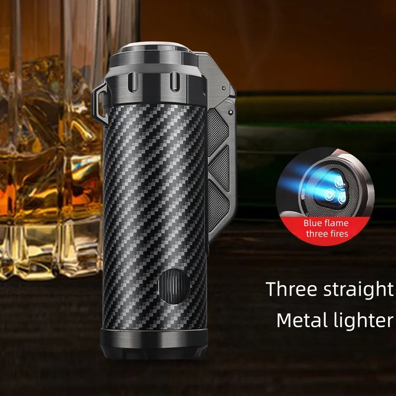 

HONEST Three Fire Direct Blue Flame Cigar Lighter Visual Gas Chamber Portable Cigar Diamond Turbo Torch Metal Cigarette Lighter