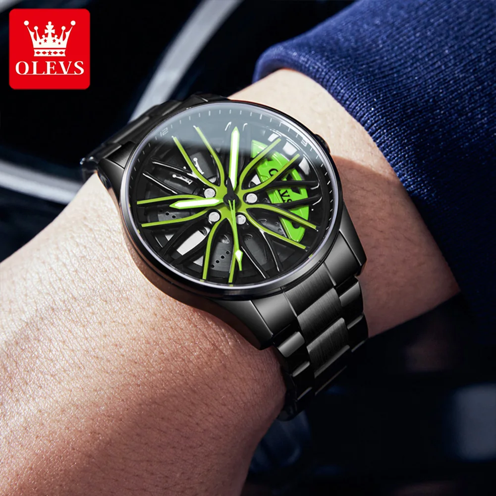 OLEVS 3D Sport Rim Hub Wheel Rotatable Quartz Watches Fashion Creative Car Men\'s Wristwatch Luminous Hands Relogio Masculino