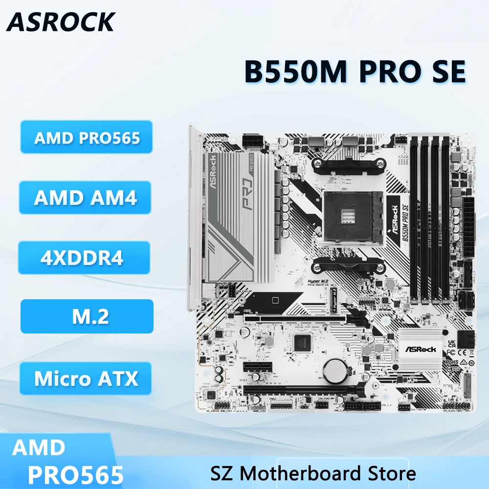 Placa-mãe ASROCK B550M PRO SE AM4 AMD PRO com suporte para 128GB DDR4 M.2, compatível com processadores Ryzen 5800, 3400, 3700, 5600, 5500, formato Micro ATX.