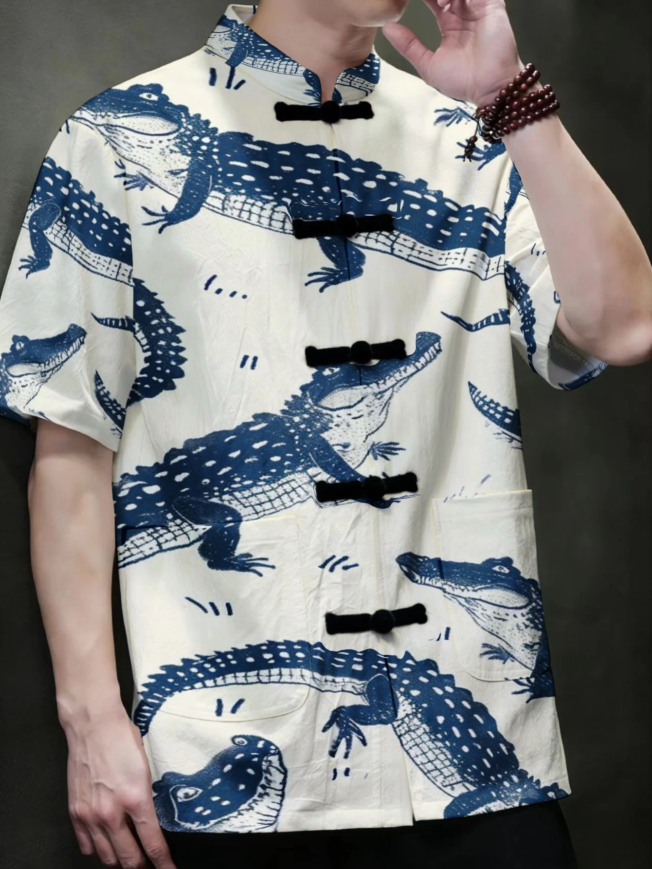 Men Men Mandarin Collar Frog Button Short Sleeve Shirt Artistic Floral Animal Print Oriental Casual Top With Dual Front Pockets - Aliexpress Deal