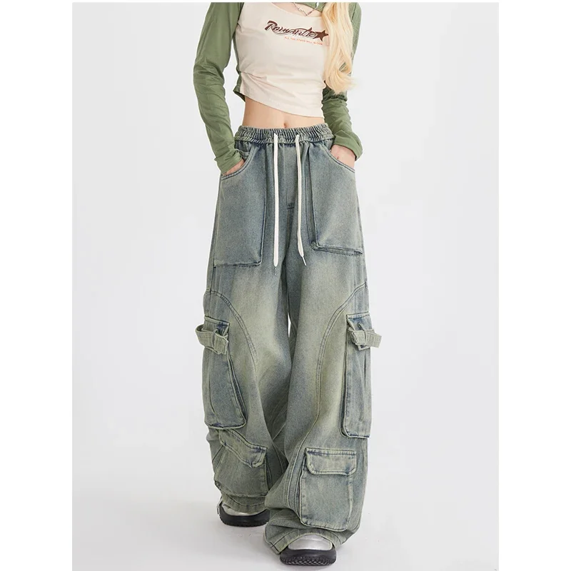 Women Blue Jeans Cargo Pants Streetwear High Waist HarajukuWide Leg Pants Fashion Y2K Style Female Winter Straight Trousers