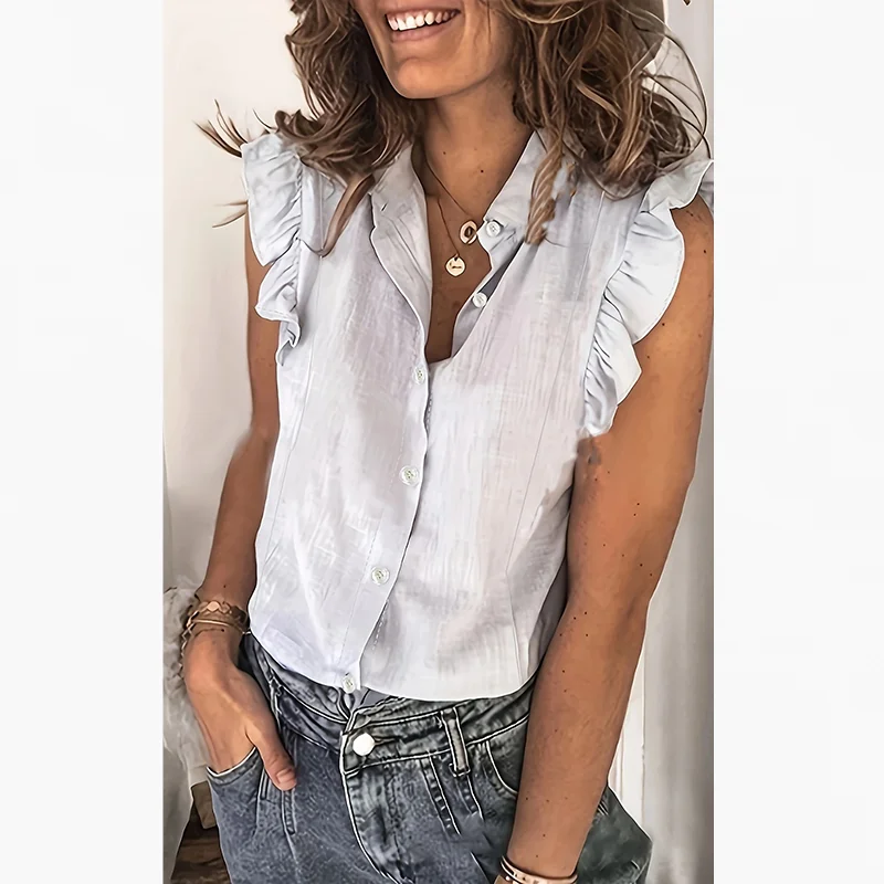 

Women's Elegant Solid Color Ruffle Sleeve Shirt Suitable for Everyday Wear