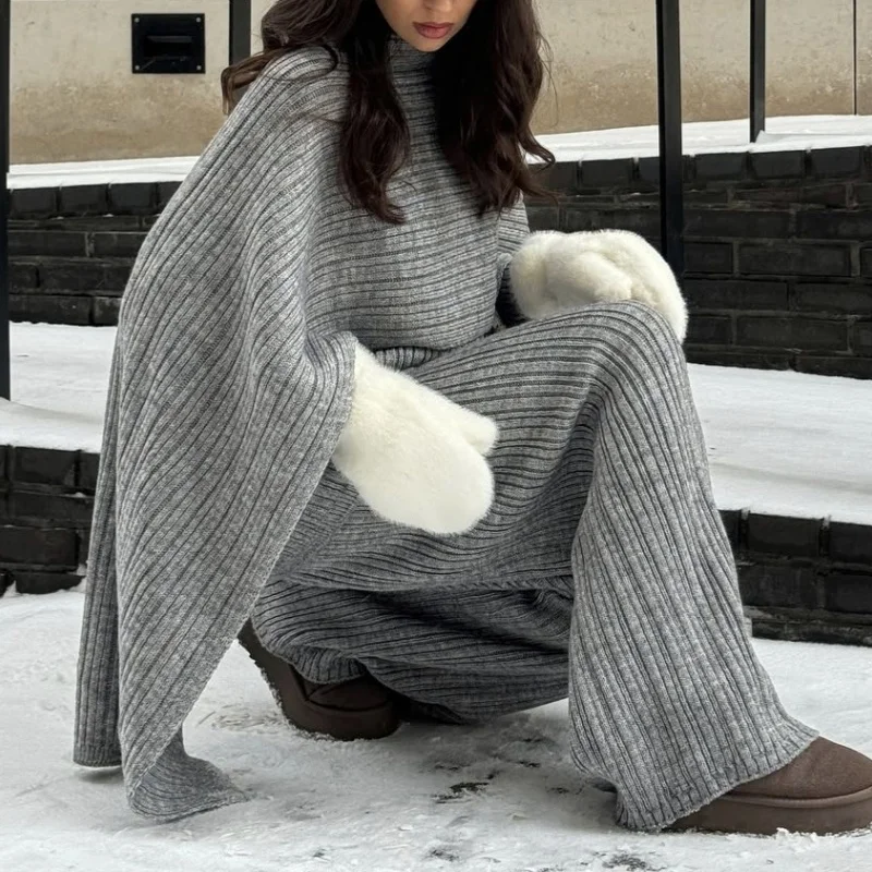 

Женский осенне-зимний однотонный свитер с круглым вырезом, свободный вязаный свитер, широкие брюки, шарф, комплект из трех предметов