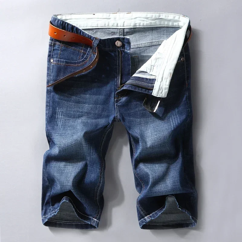 Summer Men Denim Shorts Thin Elastic Slim Blue Black Fashion Bermuda Jeans Male Brand Clothing Casual Short Pants