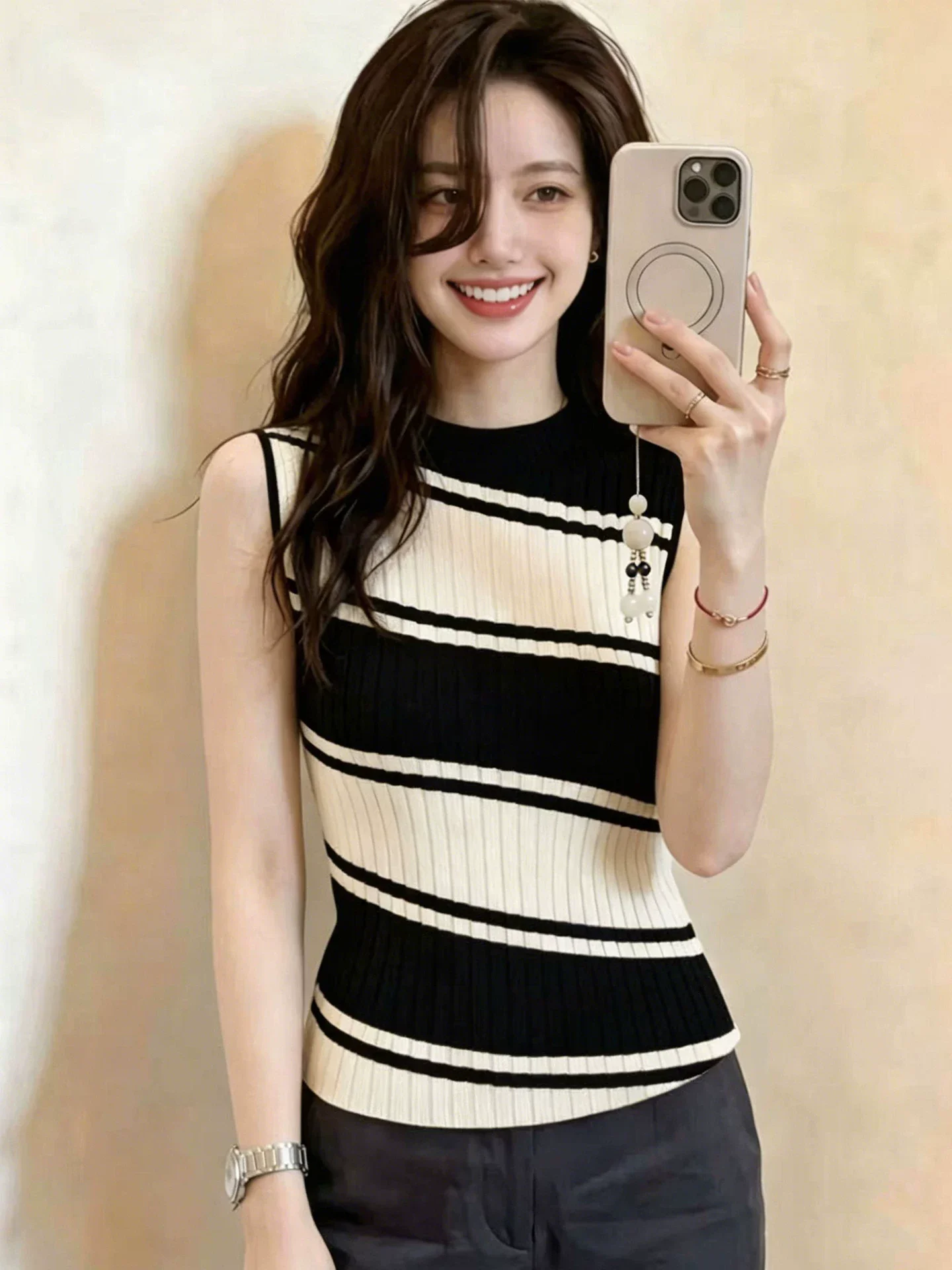 Korean Style Striped Ice Silk Sleeveless Knitted Sweater Women's Fashion Slimming Summer Top round Neck Vest Casual Wear
