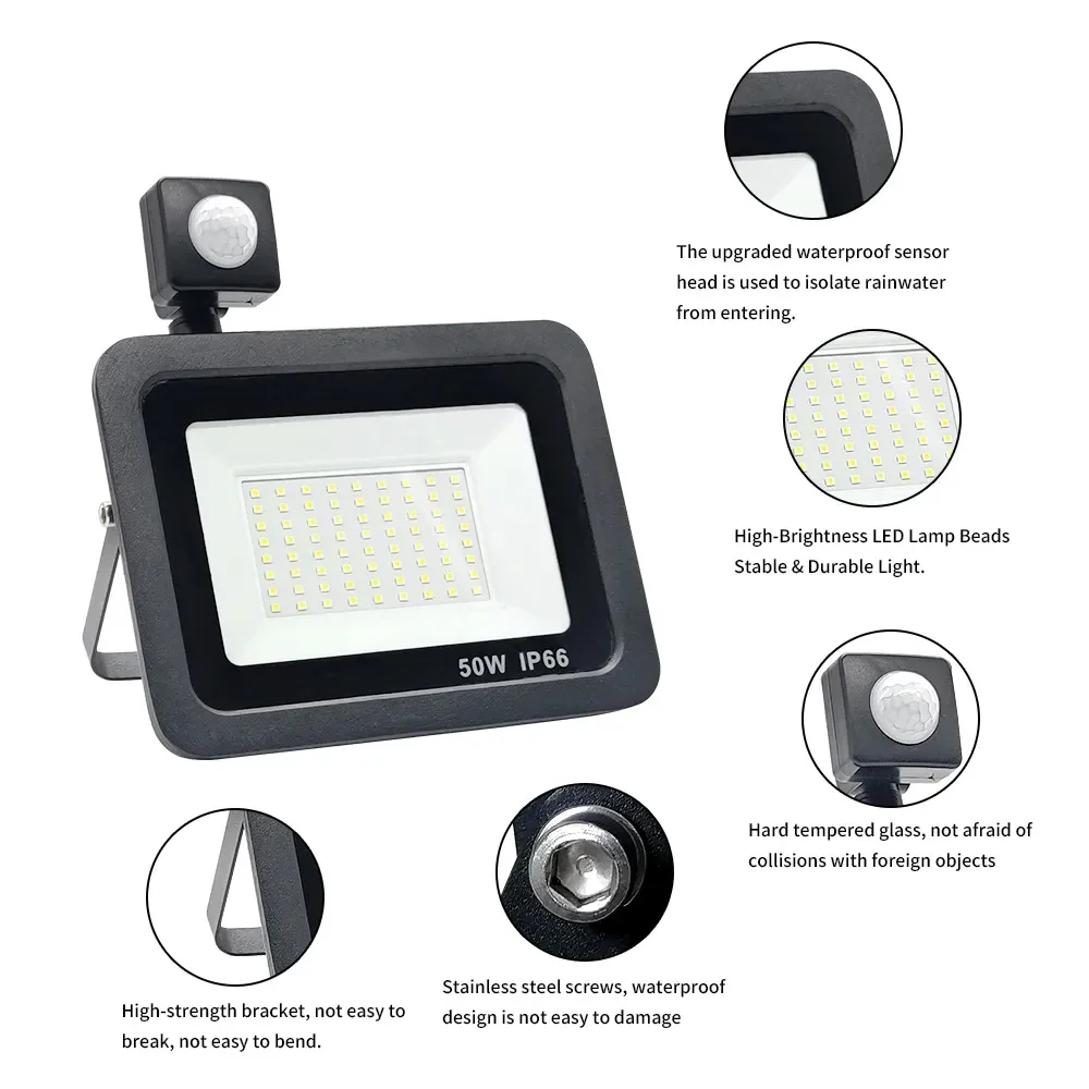 10W 20W 30W 50W 100W Induction Led Flood Light With Adjustable PIR Sensor 110V 220V Floodlight Street Square Outdoor Lighting