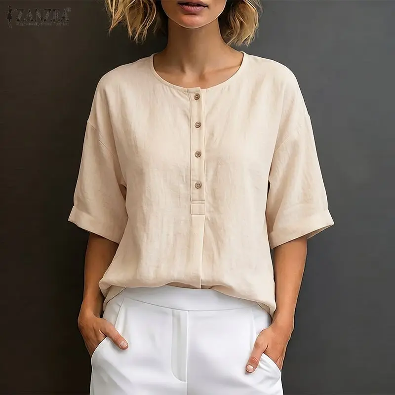 

Women Summer Solid Color Blouse 2026 ZANZEA Female Cotton Tops Elegant OL Work Shirt Casual O Neck Short Sleeve Buttons Bludas