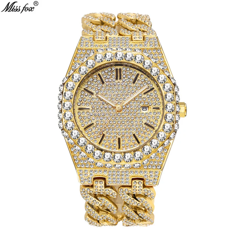 Men's Cuban Link Chain Quartz Watch, Iced Diamond Watch, Hip Hop Moda, Frete Grátis, Nova Marca, Frete Grátis