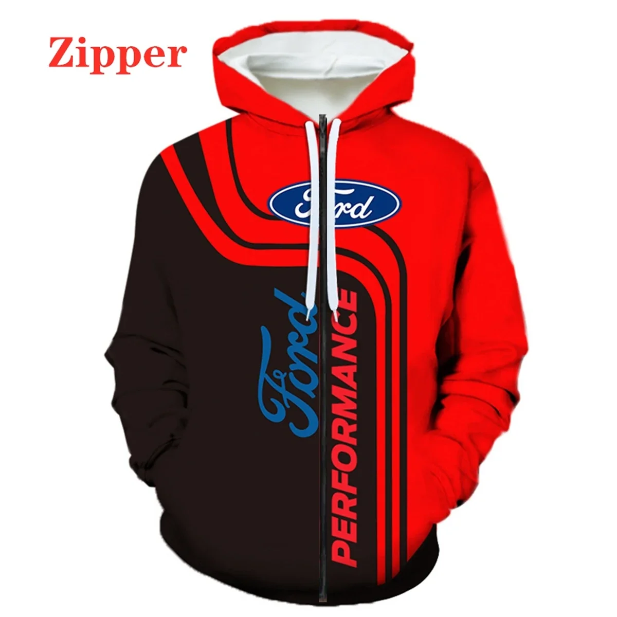 Sweat à capuche zippé avec logo de voiture Ford pour hommes et femmes, impression 3D, pull Harajuku, veste de course, nouveau, 2023