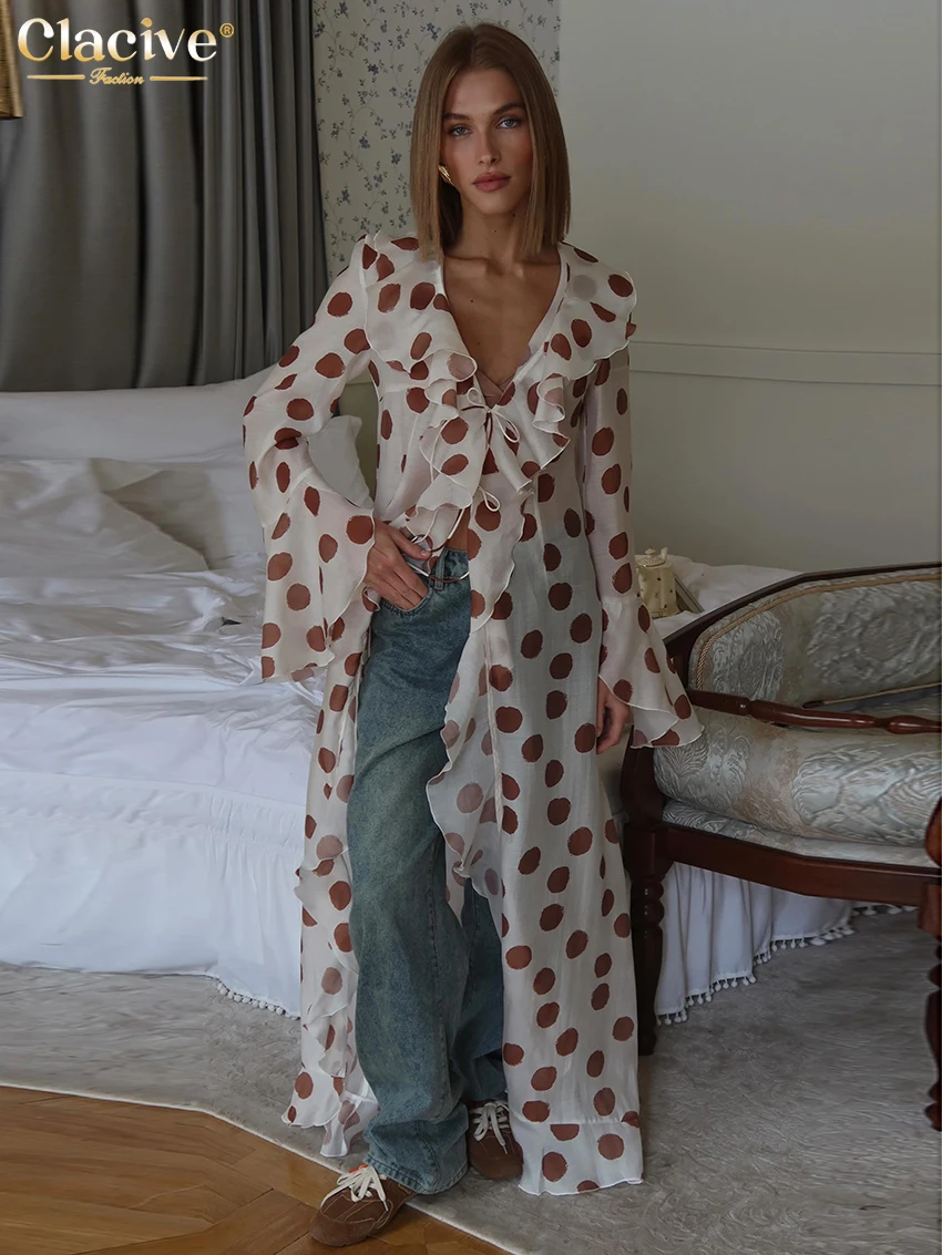 

Clacive Fashion Loose Print Women's Dress Sexy V-Neck Long Sleeve Dresses Elegant Classic Ruffle Lace-Up Dress Female Clothing