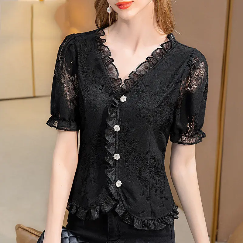 Office Lady Chic Lace Chiffon Shirts Fahsion Women Clothing Tunics Elegant Ruffles Embroidery Pretty Short Sleeve Female Blouse