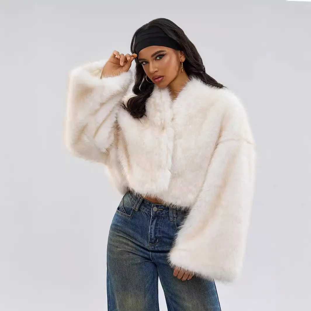 V Neck Short Faux Fur Jacket Women Winter Plush Coat Warm Long Sleeves Fluffy Fur Jacket Furry Overcoat Streetwear 2024 New