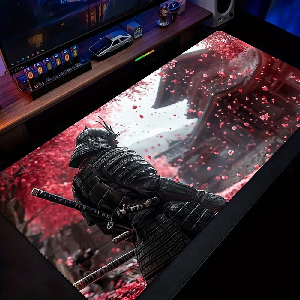 日本の武士大型ゲーミングマウスパッドデスクマットゲーミングマット滑り止め耐久性のあるキーボードマウスマット桜マウスパッドmuismat