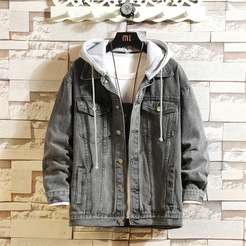 2023 New Men\'s Denim Jacket Cotton Loose Hooded Jean Outwear Coat Solid Denim Jacket Men Casual Couple Streetwear 5XL