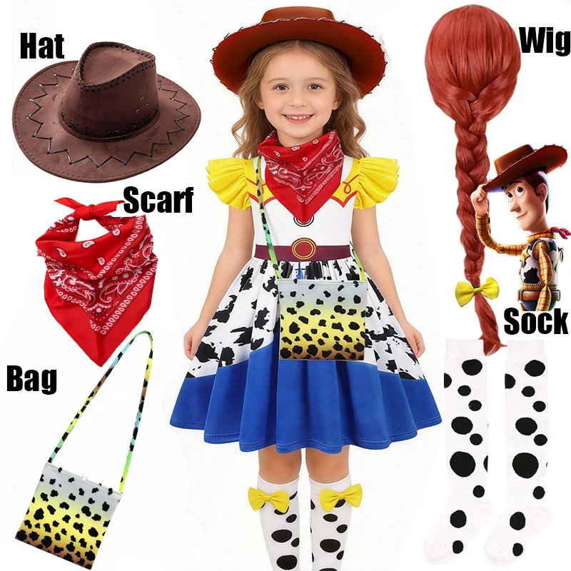 Disfraz de Disney Woody Jessie para niños, disfraz de actuación en escenario para niñas, disfraz de dibujos animados, ropa de vaquero para fiesta de carnaval para niños