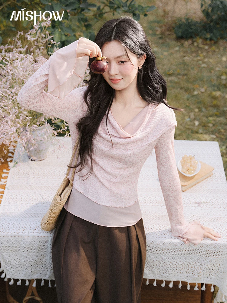 

MISHOW Elegant Fake Two Piece Cowl Neck Knit Top Pullover 2026 Spring Pink Flare Sleeve Slim Sweater Commute Blouse MXF13X2553
