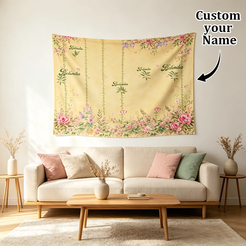 1PC Personalized Vintage Yellow Floral Vine Tapestry Custom Name Repeating Striped Botanical Wall Hanging Bedroom Decor