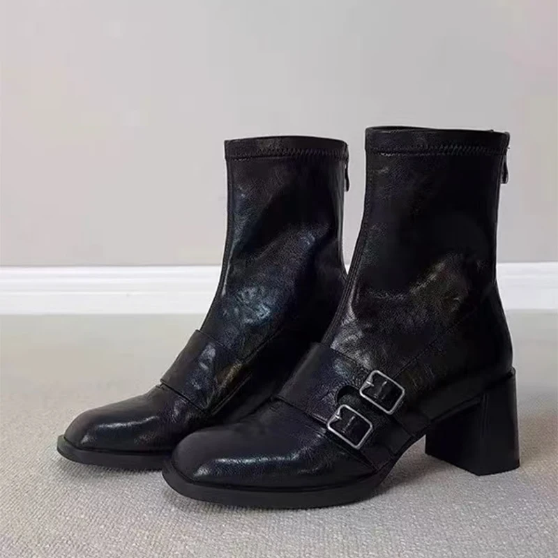 High Heels Women Winter Boots Elegant Leather Shoes Brand Woman Pumps 2025 Trend Chunky Dress Chelsea Boots Buckle Short Botas