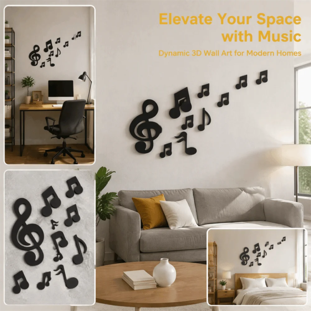 Removable Finish Music Note Wall Sticker 3D Look Embossed Texture Mirror Wall Sticker Mirror Finish Silver Color Wall Art Decal