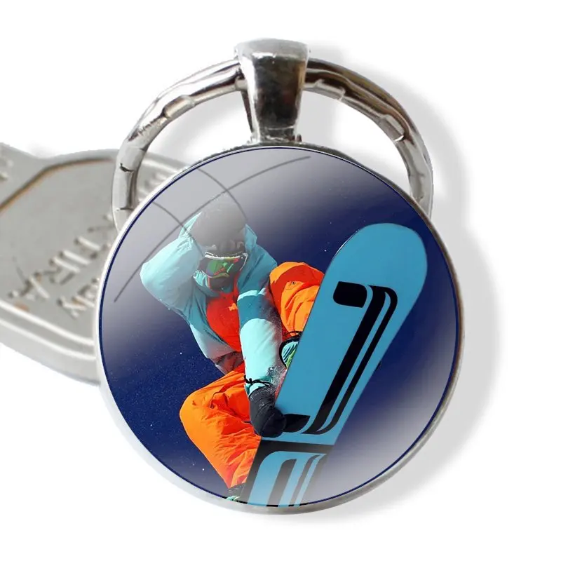 Snow Or Die Ski Snowboard Keychain Handmade Glass Cabochon Key Ring Holder Pendant Key Chains