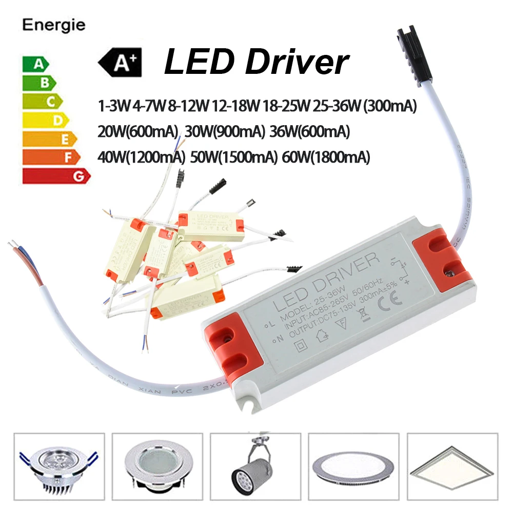 1-3W 4-7W 8-12W 12-18W 18-25W 25-36W 50W 60W Power Supply 85-265V LED Driver Adapter Transformer 300-1800mA For Ceiling Downligh