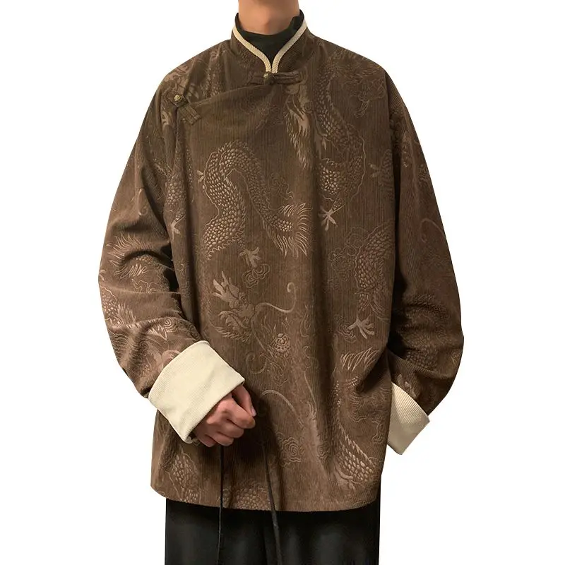 

Juspinice Corduroy Jacket Men's New Chinese Style Jacquard Oversized Loose Diagonal Collar Tang Suit Coat Male Clothing