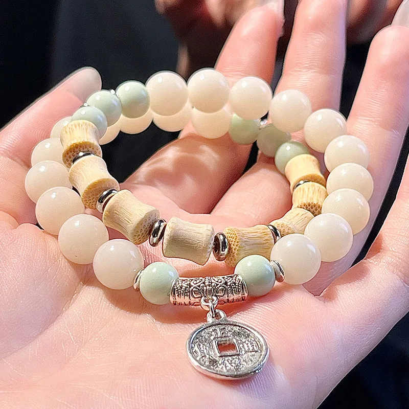 Natural White Jade Root Double Circle Bracelet Student Party Cultural Toy Holding Female Bodhi Beads Prayer Beads Bracelet