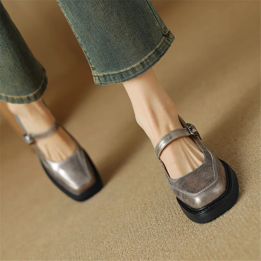 FEDONAS 2024 Women Genuine Leather Pumps Buckles Fashion Square Toe Party Wedding Shoes Woman Thick High Heeled Office Pumps