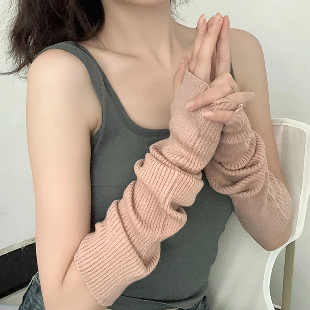 Women\'s Long Fingerless Gloves Winter Punk Warm Oversleeves Knitted Half Finger Twist Arm Sleeve Mitten Keep Warm Arm Warmer