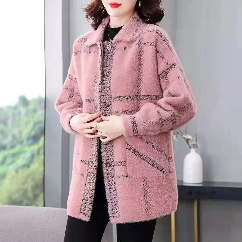 New Autumn Winter Mink Velvet Coat Women Double-sided Cashmere Long Plaid Sweater Cardigan Middle Aged Mother Knitted Overcoat